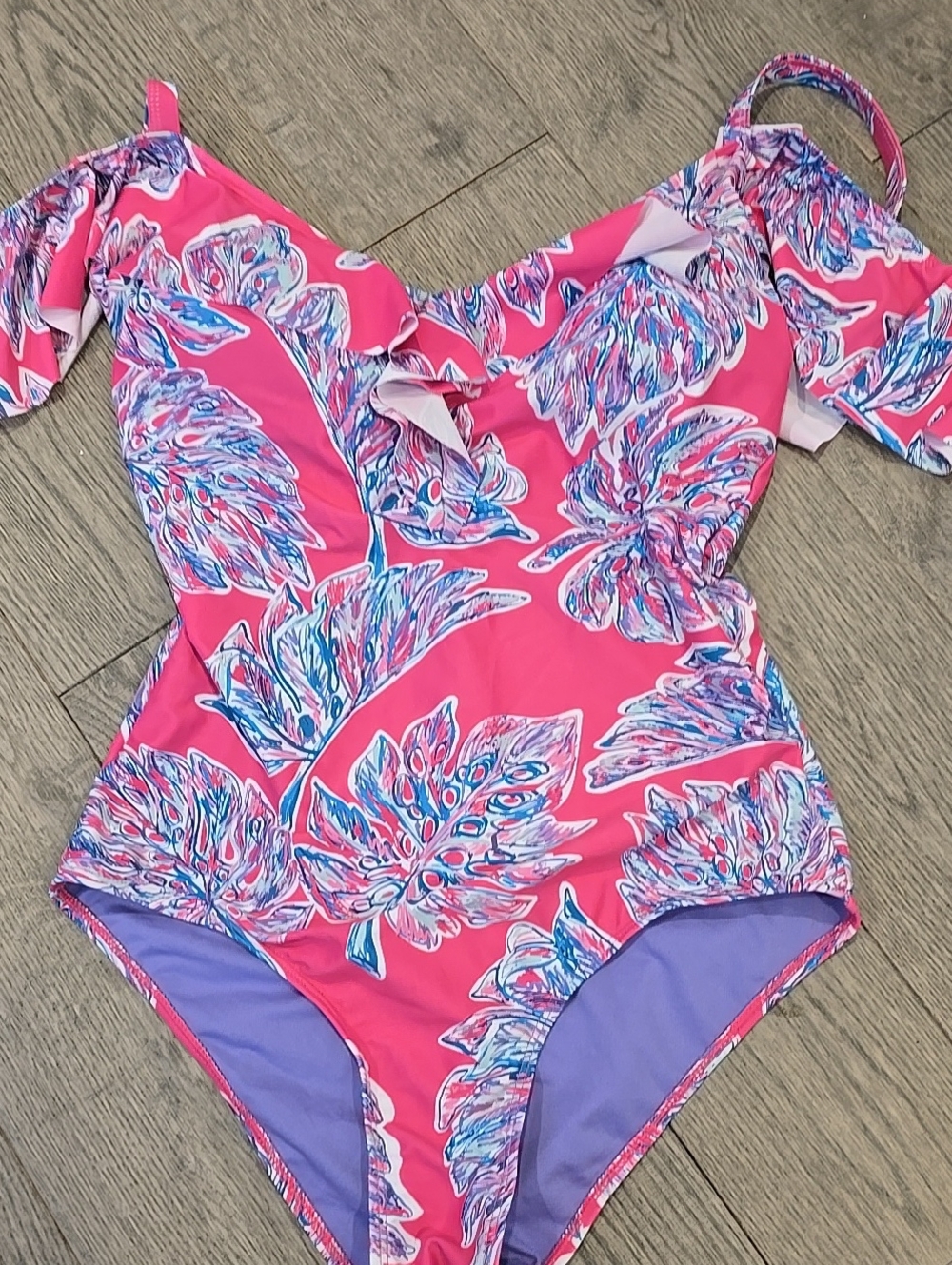 MARILYN MONROE PINK AND LAVENDER TROPICAL PALM PRINT COLD SHOULDER BATHING SUIT